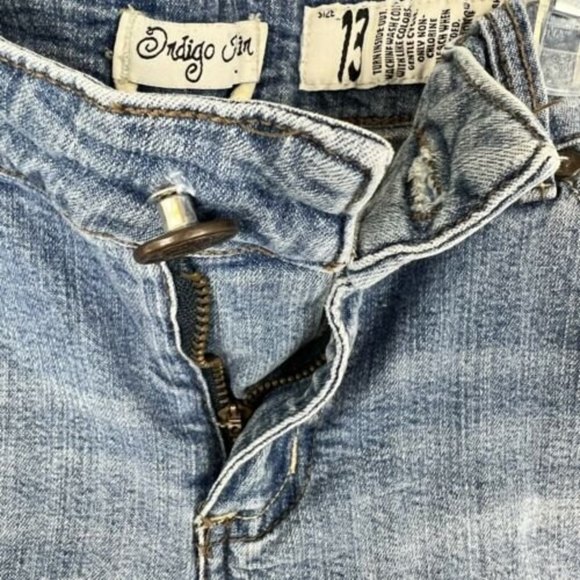 Jean Shorts Indigo Rein Cuffed Denim Blue Whiskered Stretch Size 13 Distressed - Picture 4 of 8